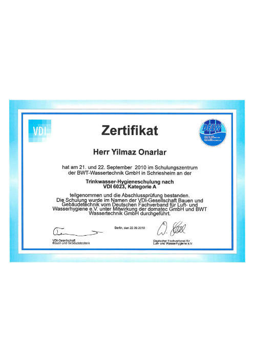 Zertifikat Trinkwasser-Hygiene nach VDI 6023