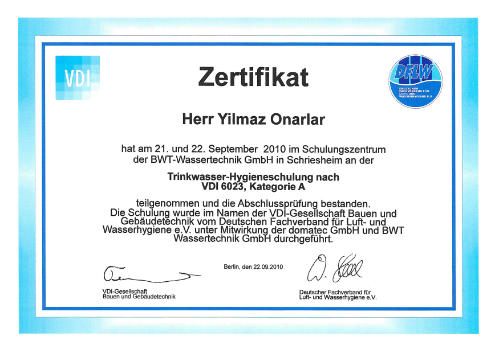 Zertifikat Trinkwasser-Hygiene nach VDI 6023