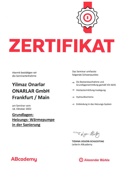 Zertifikat Heizungs-Wärmepumpe in der Sanierung